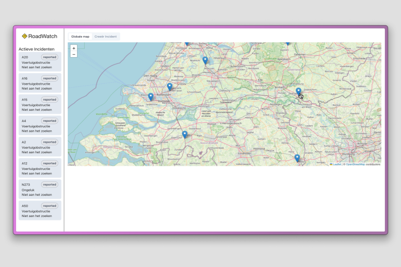 Een kaart van maardere incidenten over nederland. Links een lijst met alle incidenten.