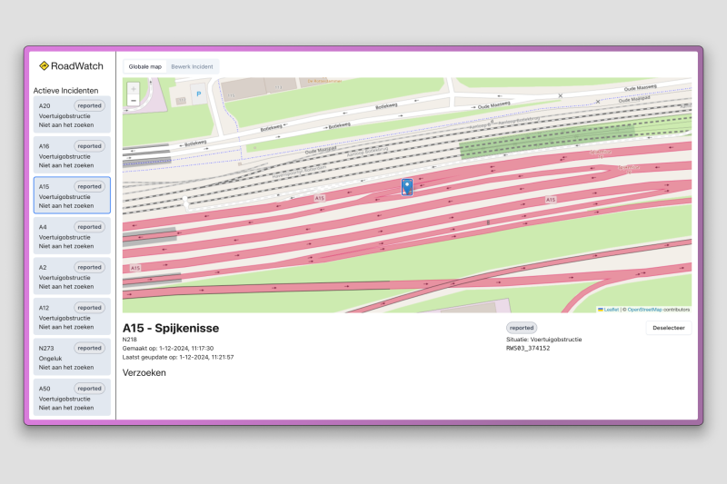 Een specifiek geselecteerd incident. Een grote map die ingezoomd is op het specifieke incident. A15 - Spijkernisse