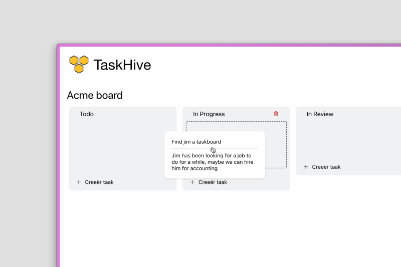 een takenbord waarbij een taak wordt rechts wordt versleept van "todo" naar "in progress"